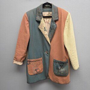 Crystal Jacket Womens Medium Multicolor Boho Patchwork Embroidered Blazer Lined